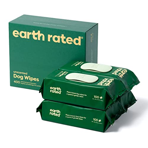 Earth Rated Dog Wipes, New Look, Thick Plant Based Grooming Wipes For Easy Use on Paws, Body and Bum, Unscented, 400 Count