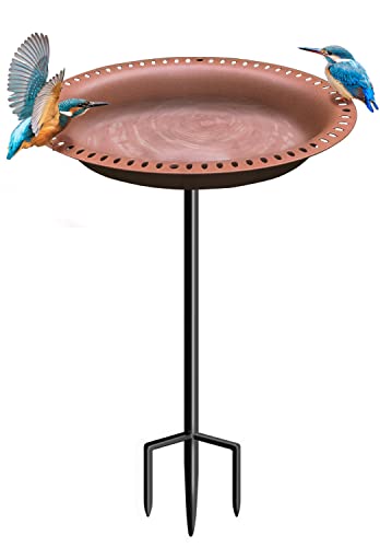 Eazielife Outdoor Bird Bath Lightweight Garden Birdbaths Freestanding Supports Antique Birdfeeder Bowl with Metal Stake Base, 28 Inches Tall, Oval Brown (1 Pack)