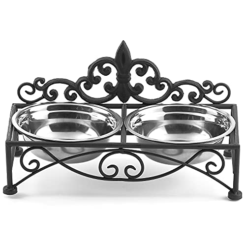 Elevated Pet Feeder for Small Dogs and Cats Double Stainless Steel Food and Water Bowls with Iron Fleur De Lis Stand（Black）