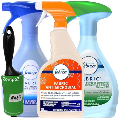 Febreze Fabric Refresher Odor Fighting Variety Set of 3, Includes Pet Odor Eliminator, Extra Strength and Sanitizing Fabric Sprays, for Couches, Upholstery and More, Plus Bonus Lint Roller