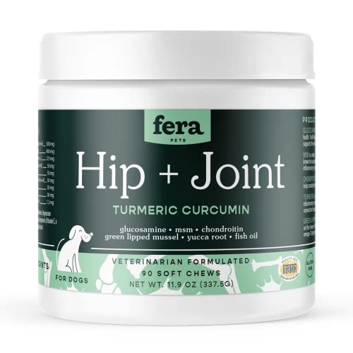 Fera Pets Hip + Joint Dog Supplement, Joint Support for Dogs with Glucosamine Chondroitin and MSM, Joint Care and Health Support Chewy Dog Treats, 90 Soft Chews
