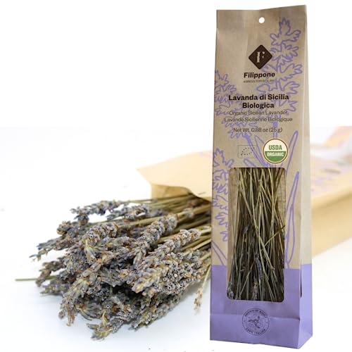 Filippone® Organic Dried Lavender Bunch 25 g (0.88 oz), Freshly Grown in The Mountains of Sicily, Culinary Lavender, Italian Dried Lavender Branches, Herb, Spices, Certified USDA Organic