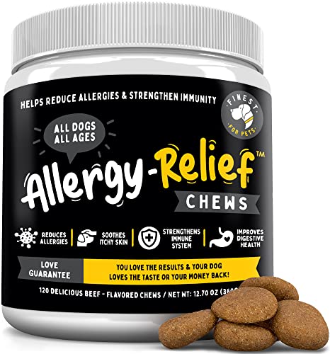 Finest For Pets Allergy Relief for Dogs. Omega 3, Pumpkin & Probiotics for Dog Seasonal Allergies & Itchy Skin. Strengthens Immune System & Improves Digestive Health. Made in USA. 120 Soft Chews