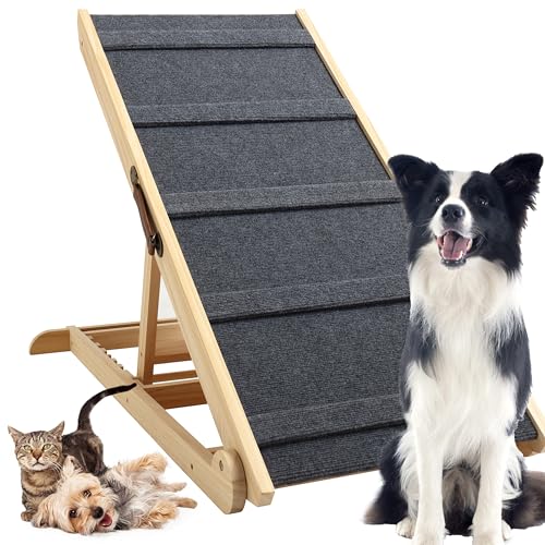 Finnhomy Adjustable Dog Ramp, Wooden Folding Dog Safety Ramp for Bed, Cars, Height Adjustable from 13" to 24.8", Supports up to 200 Lbs, Pre-Assembled, Great for Small and Older Dogs