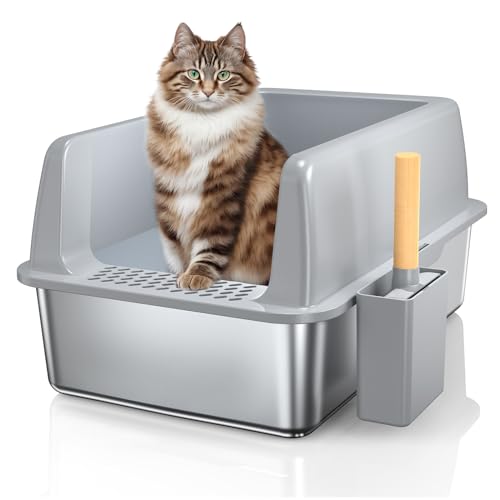 FLARUZIY Stainless Steel Litter Box, XL Extra Large Cat Litter Box Enclosure High Sides with Lid and Scoop, Easy Clean Metal Litter Pan for Big Cats&Kitty, Non-Stick Cat Toilet, Anti-Leakage, No Smell