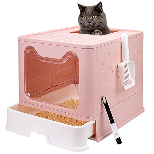 Foldable Cat Litter Box with Lid, Enclosed Cat Potty, Top Entry Anti-Splashing Cat Toilet, Easy to Clean Including Cat Litter Scoop and 2-1 Cleaning Brush (Pink) Large