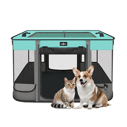 Foldable Pet Kitten Playpen, Waterproof Portable Pet Cat Dog Playpen Kennel Tent for Small Dog Cat, Removable Shade Cover, Come with Free Carrying Case, Indoor Outdoor Use for Small Animals, BlackTeal