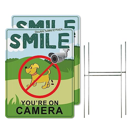 Funny Smile You're On Camera Yard Signs with Stakes, 2 Pack 12"x9" Double-Sided Security Camera Signs with Metal Stakes, Video Surveillance Signs