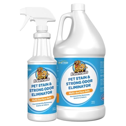 FurryFreshness Extra Strength Cat or Dog Pee Stain & Permanent Odor Remover + Smell Eliminator -Removes Stains from Pets & Kids Including Urine or Blood- Lifts Old Carpet Stains- 32oz Spray & 1 Gallon