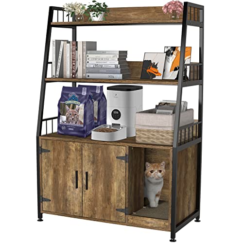 GDLF Large Hidden Cat Litter Box Enclosure Furniture with Shelf Wood Sturdy Cat Washroom Storage with Scratch, Light Brown