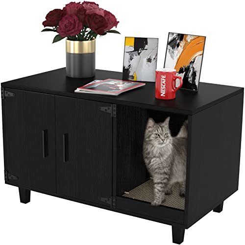 GDLF Modern Wood Pet Crate Cat Washroom Hidden Litter Box Enclosure Furniture House as Table Nightstand with Scratch Pad,Stackable (Black)