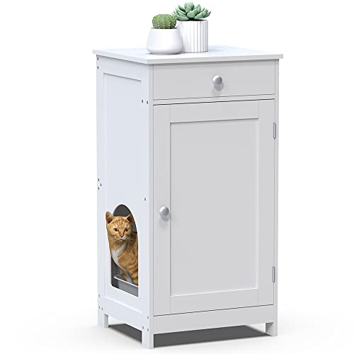 GiftGo Contemporary White Home Hidden Cat Litter Box Enclosure Wooden Cabinet Furniture Cat Washroom Nightstand Storage Drawer, Inner Shelf, Arched Doorways
