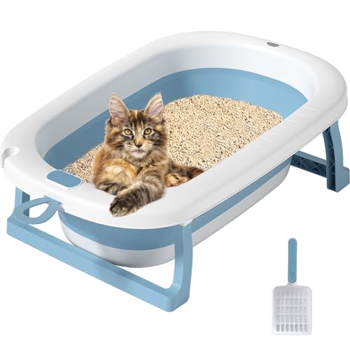 GKOKG Extra Large Cat Litter Box for Big Cats, Foldable Litter Box with Nonstick Litter Scoop, 18 Gallons Maine Coon Cat Litter Box for Large Cats Family, Foldable Leg Litter Box Easy to Clean