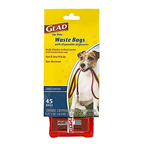 Glad for Pets Extra Large Unscented Dog Waste Bags with Disposable Dispenser and Metal Clip| Plastic Heavy Duty Poop Bags for Dogs, Easy to Use Dog Waste Bags, 45 Count