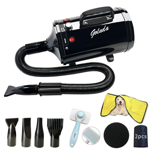 GOLADA Dog Dryer, Pet Grooming Hair Dryer - Dog Hair Dryer with Adjustable Temperature and Speed for Pet Grooming，with Pet Brush, Pet Towel, 4 Different Nozzles (Black)