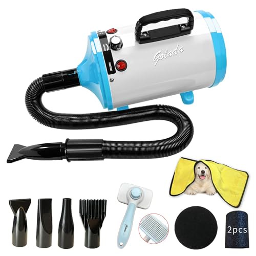 GOLADA Dog Dryer, Pet Grooming Hair Dryer - Dog Hair Dryer with Adjustable Temperature and Speed for Pet Grooming，with Pet Brush, Pet Towel, 4 Different Nozzles (White Blue)