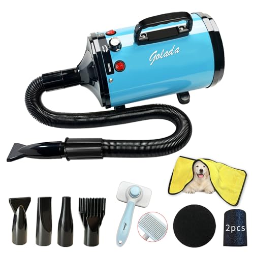 GOLADA Dog Dryer, Pet Grooming Hair Dryer - Dog Hair Dryer with Adjustable Temperature and Speed for Pet Grooming，with Pet Brush, Pet Towel, 4 Different Nozzles (Blue)