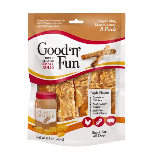 GOOD 'N' FUN Triple Flavor Small Rolls, 8 Count, Rawhide Chews for All Dogs