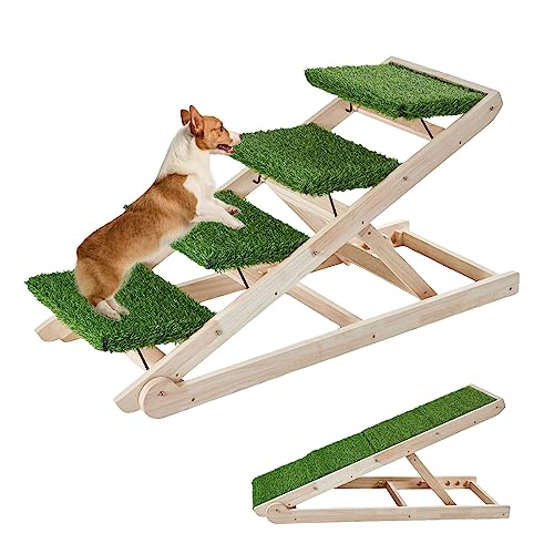 Goyappin Dog Ramp for Bed, 2-in-1 Dog Stairs Wood Folding Portable Pet Ramp Dog Steps with 4 Levels, 45" Long 4 Level Height Adjustable 13.8" to 23.6", for Bed, Couch and Car, Ramp Up to 150LBS