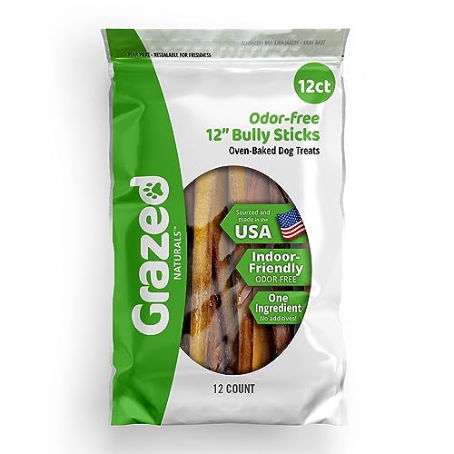 GRAZED NATURALS Treats for Dogs Bully Sticks 12" Sticks in 12 Pack. Odor-Free, Made in The USA, Super Premium. Dental Bones Bully Sticks. A Healthy Choice for Dogs.