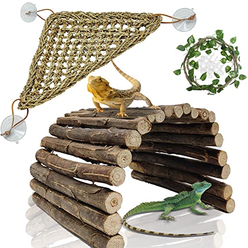 Hamiledyi Large Reptile Hideout Wood Bridge Ladder Hiding Hut Bearded Dragon Hammock Lizards Habitat Decor Climbing Accessories Tortoise Hide Cave Toy for Gecko Snake Chameleon Gecko Iguana