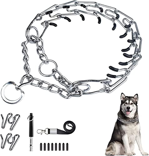 Hanbramo Dog Prong Traing Collar, Choke Pinch Collar for Dogs [2 Extra Links][Dog Whistle][Quick Release] with Martingale Chain and Rubber Caps, No Pull Dog Collar for Medium Large Breed Dogs [Large]