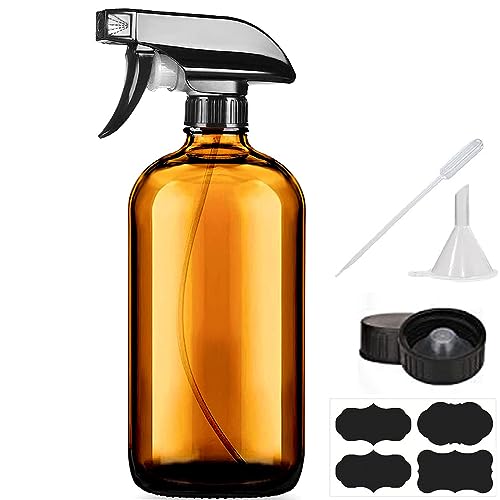 HAOERMEI Amber Glass Spray Bottles - Large 16oz Refillable Empty Bottle for Cleaning Solutions,Essential Oils,Hair Mister,Plants - Durable Nozzle w/Fine Mist and Stream Setting (16OZ-1PACK, Amber)