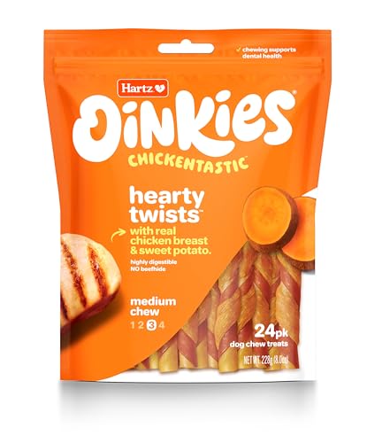 Hartz Oinkies Chickentastic Hearty Twists Dog Treats with Real Chicken Breast, Sweet Potato, and Smoked Pork, Long-Lasting Yet Highly Digestible, 24 Count, 8.00 Ounce (Pack of 1)