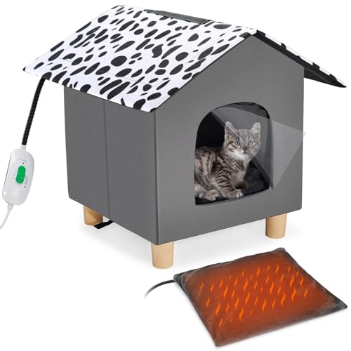 Heated Cat Houses for Outdoor Cats Insulated in Winter, Waterproof Cat House Fully Insulated Outdoor Feral Cat House Shelter for Stray Barn Cat (1-2 Cats, Gray)