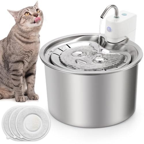 Helyhoob Stainless Steel Cat Water Fountain, 115OZ/4.3L Pet Fountain Wireless Battery Operated Cat Fountain with External Pump, Automatic Dog Water Fountain with 3 Replacement Filters