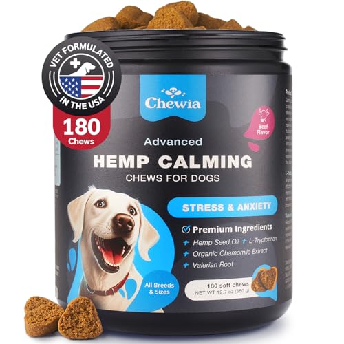 Hemp Calming Chews for Dogs - Dog Calming Treats - Anxiety Relief for Dogs with L-Theanine, Chamomile Extract, Valerian Root - Dog Anxiety Relief for Travel, Vet Visits, Thunderstorms, Nail Trimming