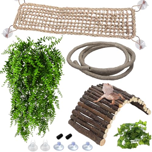 HERCOCCI Bearded Dragon Tank Accessories, Reptile Bridge Hammock Flexible - Jungle Climbing Vines and Leaves with Suction Cups Habitat Décor for Hiding& Climbing Snake Gecko Lizard Chameleon