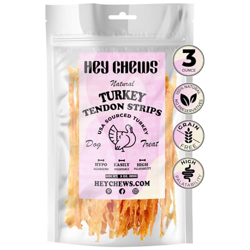 Hey Chews Premium Turkey Tendon for Dogs - All Natural Dog Treat for Small Medium and Large Dogs. Sourced from US Turkey. All Natural Human Grade Turkey Treat (3oz)