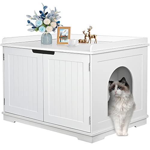 Hidden Cat Litter Box Enclosure Cat Litter Box Furniture Cat Washroom Cat House Table Nightstand (White)