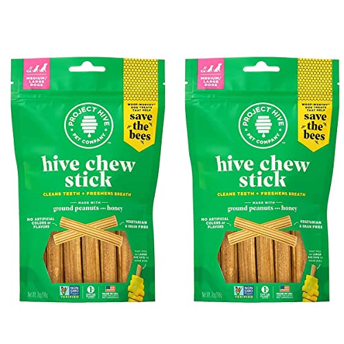 Hive Treats for Dogs 2 Pack — Healthy, Non-GMO Project Verified, Natural Peanut Butter Flavored, Natural, Vegetarian Chews, Made in The USA (Chew Sticks, Large Breeds)