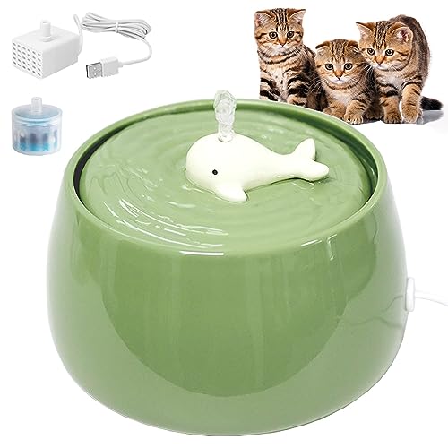 HMRCYTE Ceramic Cat Water Fountain, 45oz/1.3L Ultra-Silent Automatic Pet Drinking Water Dispenser for Cats Indoor with Cute Design, Activated Carbon Filter, Perfect for Cats and Small Dogs (Green)