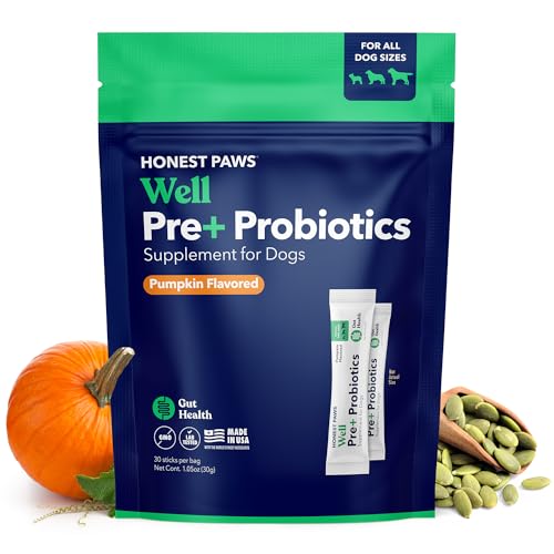 Honest Paws Probiotics for Dogs - Dog Digestion Gut Health Probiotic Powder with Prebiotic Made in The USA, Digestive and Immune Support - Digestive Enzymes with Pumpkin Flavor (30 Sticks)