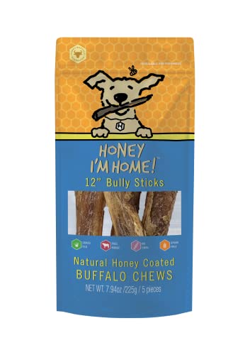 Honey I'm Home, Bully Sticks Buffalo Dog Chews, 12 Inches, 5 Pieces - All Natural, Free Range, Healthy, Grain Free, Honey Coated & Crispy