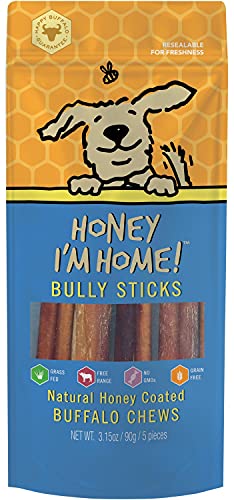 Honey I'm Home, Bully Sticks Buffalo Dog Chews, 6 Inches, 5 Pieces - All Natural, Free Range, Healthy, Grain Free, Honey Coated & Crispy