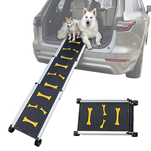 HOXWELL Collapsible Dog Ramp Telescopic Pet Ramps for Large Dogs SUV and Car, Portable Non-Slip Car Ramps for Small, Medium Dog, Anti-Resistant with Rubber Bone Pattern, Adjustable Length 28” to 62”