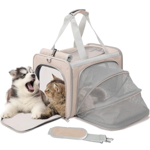 H.S.C PET Pet Carrier for Adult Cat 18lbs,Expandable Room Soft Sided Small Dog Travel Carrier Top Load/Collapsible Carrier Bag for Large Cat,Kittens Sturdy Transport Bag (Khaki)