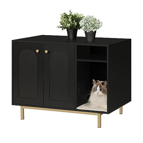 Hzuaneri Cat Litter Box Enclosure - Hidden Litter Box Furniture, Wooden Pet House Side End Table, Storage Cabinet Bench, Fit Most Cat and Litter Box, Living Room, Bedroom, Black and Gold CB01504G