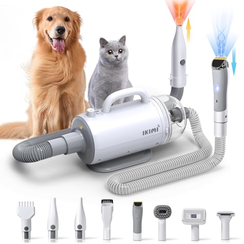 IKIMI Dog Grooming Vacuum & Dog Hair Dryer - 16KPa Suction, Professional Dog Clippers with Pet Grooming Kit 8 PCS, 1500W High Velocity Blow Dryer for Dogs