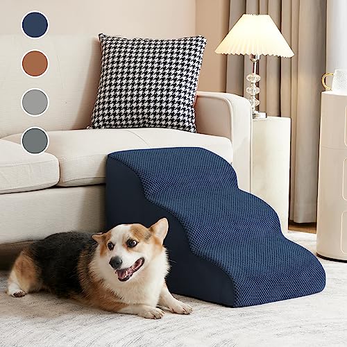 InfinCreats Premium 3-Step Dog Stairs & Steps for Small Dogs, Non-Slip Dog Stairs to Bed and Couch, High Density 30D Foam Pet Stairs for Older Dogs, Injured Dogs or Cats (Blue)