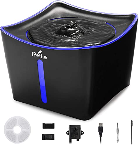 iPettie Kamino Pet Water Fountain, 101oz/3L, Ultra-Quiet Automatic Cat Water Dispenser with LED Light & Water Level Window, Auto Power Off USB Pump & Dual Filters for Cats and Dogs, Black