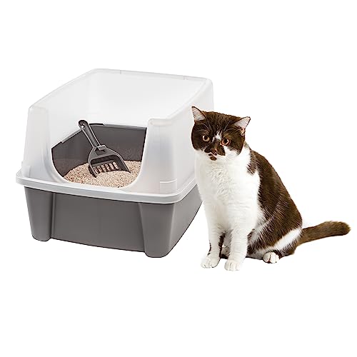 IRIS USA Open-Top Cat Litter Box with Shield and Scoop, Dark Gray