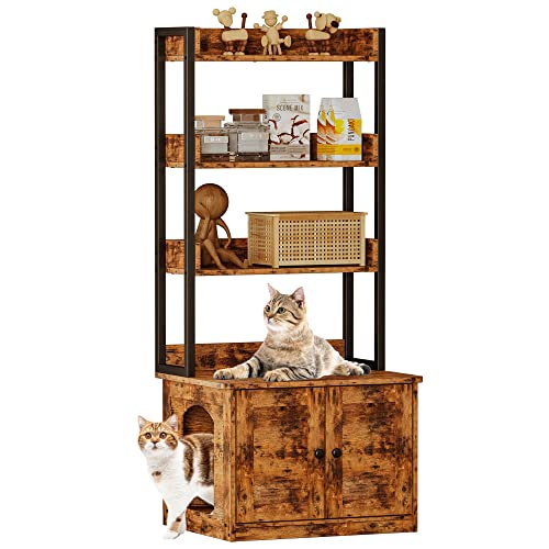 IRONCK Litter Box Enclosure with 3 Shelves and Doors, Indoor Cat House Furniture for Most of Litter Box, Vintage Brown