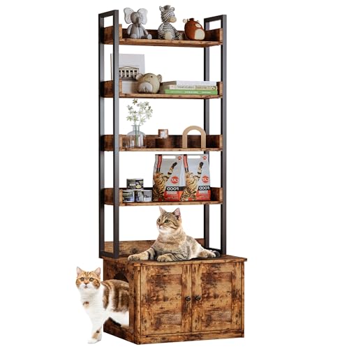 IRONCK Litter Box Enclosure with 4 Shelves and Doors, Indoor Cat House Furniture for Most of Litter Box, Vintage Brown