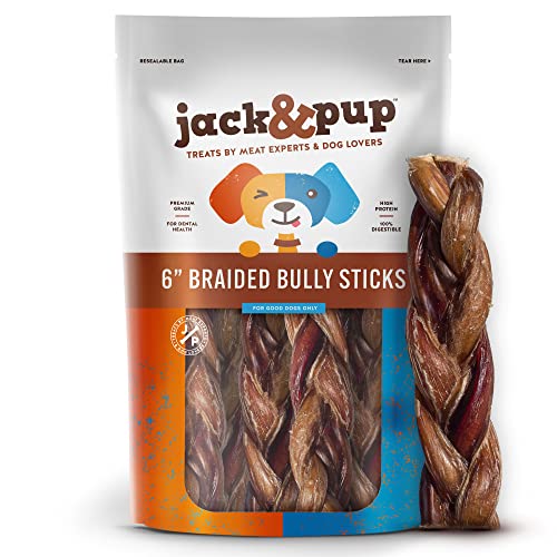 Jack&Pup 6" Braided Bully Sticks | Long Lasting Bully Sticks for Large Dogs Aggressive Chewers | Single Ingredient, All Natural (5pk)