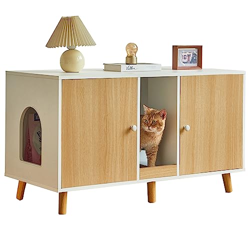 JanflyHome Cat Litter Box Enclosure - Double Hidden Litter Box Furniture for 2 Cats with Cardboard Large Space - Indoor Pet House Crate Cabinet - Modern Design - 42.5"*19.6"*23.8" - Wood